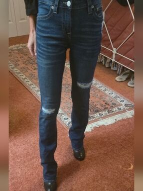 True Religion Dark Blue Straight Leg Jeans with Knee Distress